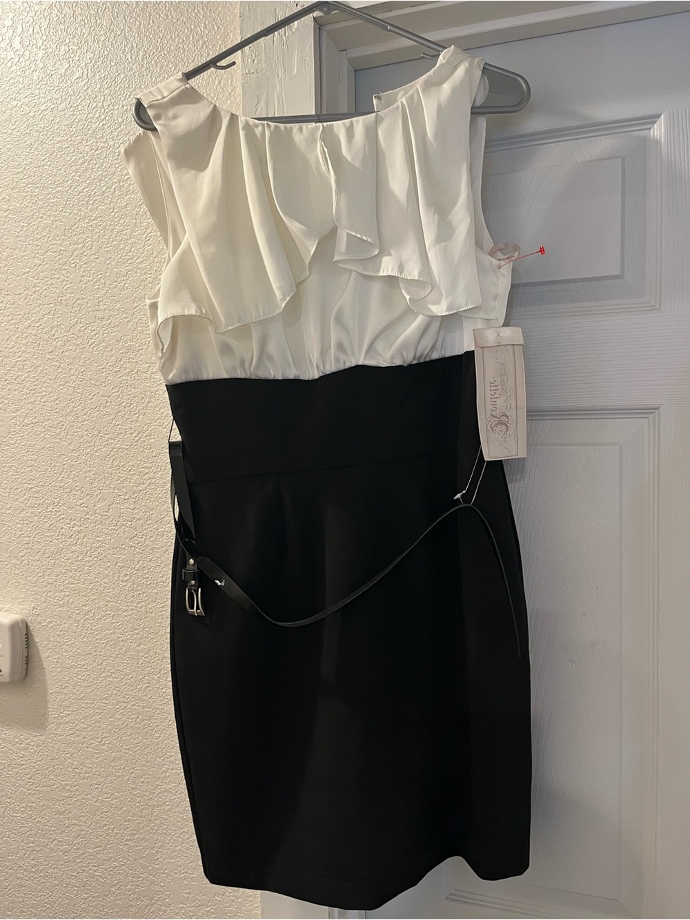 Roulette Ivory and Black Ruffle Sheath Dress